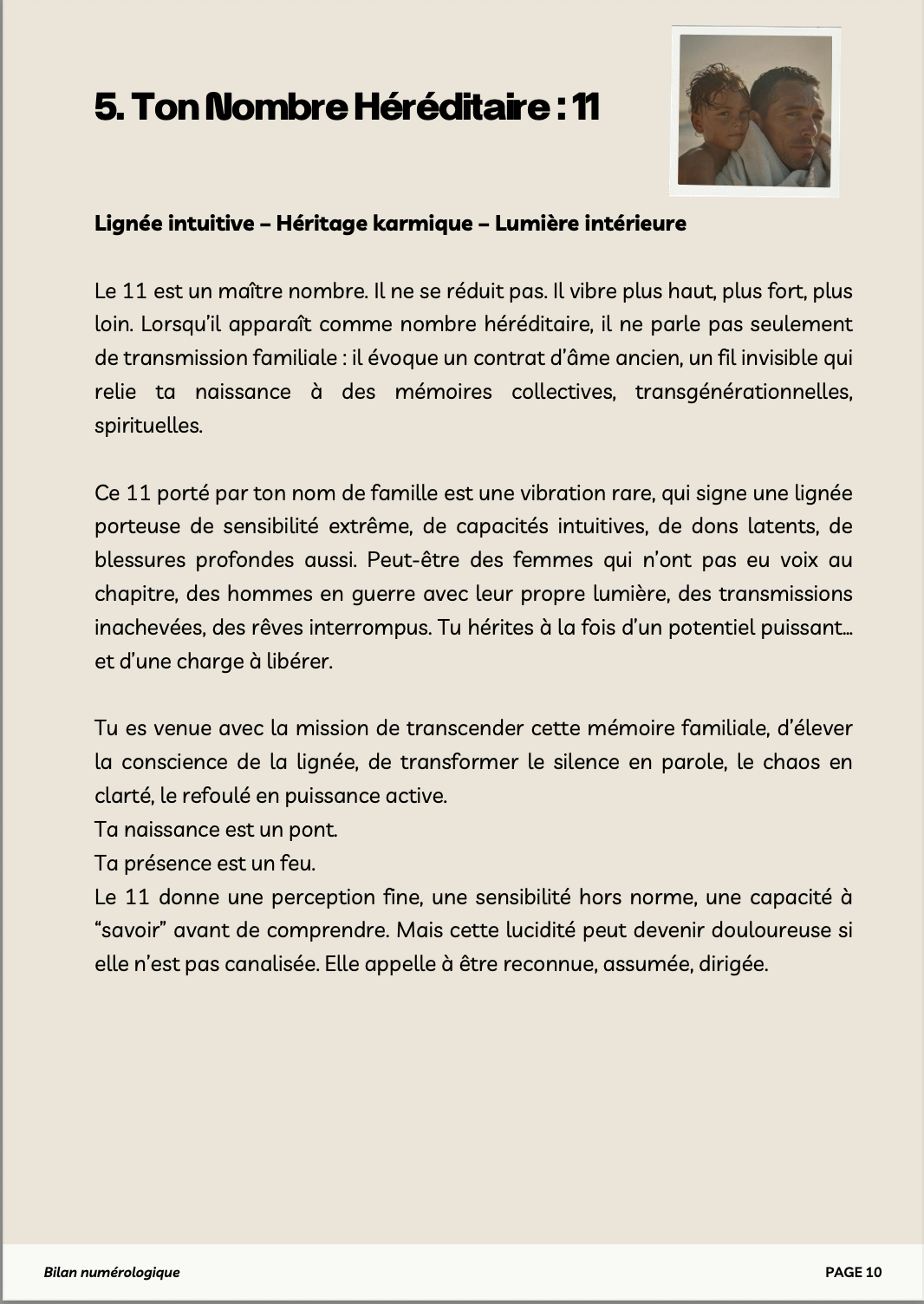 Page dédiée au nombre héréditaire 11 : une lignée intuitive, un héritage karmique, une lumière intérieure à assumer. Photo d’un père et son enfant pour illustrer la transmission.
