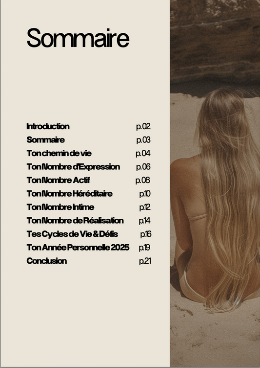 Sommaire du bilan numérologique Bonne Aventure Lab, listant les sections clés comme le chemin de vie, les cycles de vie, les nombres d’âme, avec photo d’ambiance plage.