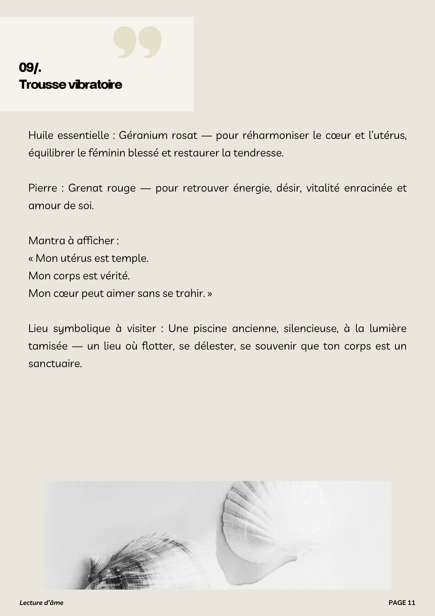 Page de lecture d’âme présentant une trousse vibratoire : huile essentielle, pierre, mantra et lieu symbolique, avec coquillages en fond.