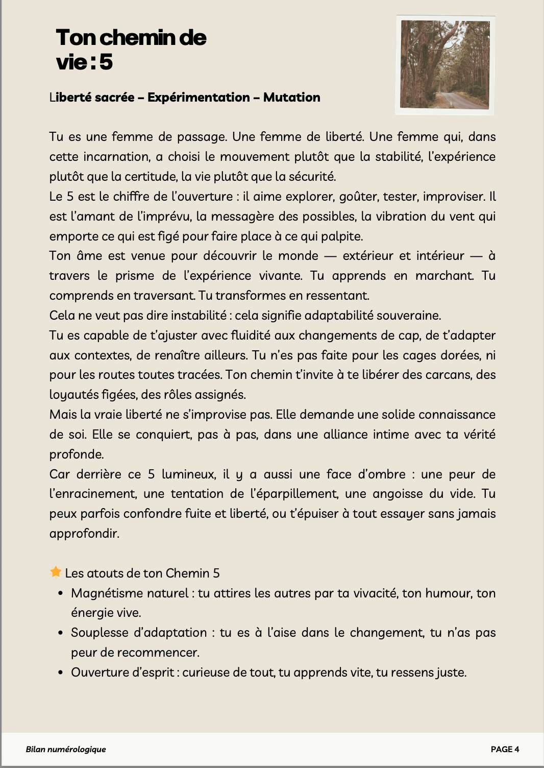Extrait du bilan numérologique sur le chemin de vie 5, présentant une analyse poétique et vibratoire accompagnée de conseils personnalisés.
